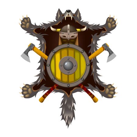 military attributes of ancient Northern Viking warriors, wolfs skin, shield, ax, horned helmet, for logo or emblem, color vector illustration isolated on white background in cartoon & clip art styleのイラスト素材