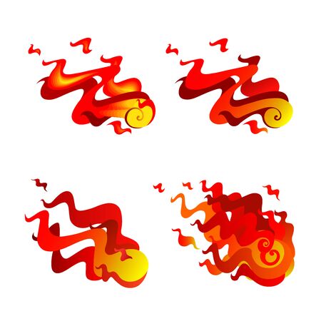 set of abstract red fireballs, falling meteors with tongues of flames, cosmic celestial body, projectiles or cannonballs, color vector illustration isolated on a white background in cartoon, flat & hand drawn styleのイラスト素材