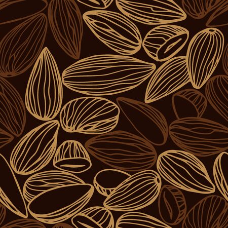 abstract seamless pattern of a set of almond kernels, for menu design or confectionery, textiles, vector illustration with colored contour lines on a chocolate background in doodle & hand drawn styleのイラスト素材