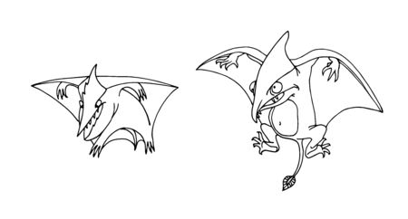 prehistoric reptiles of the Jurassic period, flying pterodactyls, funny characters, vector illustration with black contour lines isolated on white background in cartoon and hand drawn styleのイラスト素材
