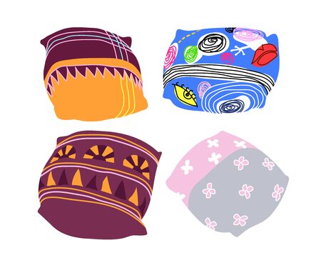 decorative pillows, interior elements for cozy home, sofa cushions with modern pattern for comfort, color vector illustration isolated on white background in doodle and hand drawn styleのイラスト素材