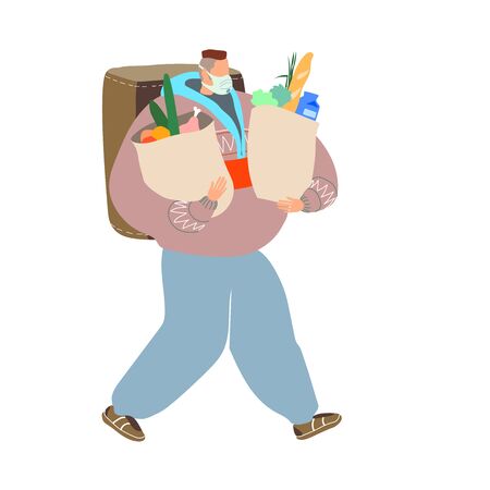 courier in a medical mask with a backpack and food Packed in bags, home delivery, service during quarantine, color vector illustration isolated on a white background in a flat and hand drawn styleのイラスト素材