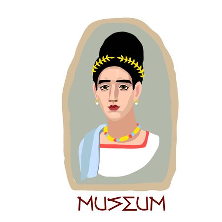 Fayum funeral portrait of a young cute brunette girl with gold jewelry & laurel wreath, museum archaeological exhibit, color vector illustration in cartoon, flat & hand drawn style isolated on a white backgroundのイラスト素材