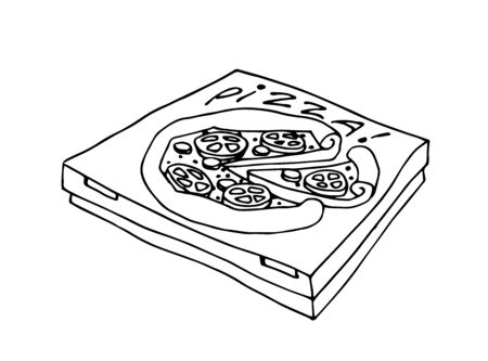 packaged pizza in a cardboard box, icon for fast food delivery, vector illustration with black contour lines isolated on a white background in a doodle & hand drawn styleのイラスト素材
