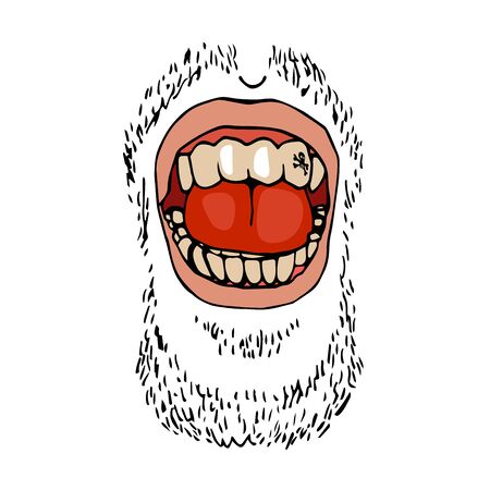 male open mouth with teeth, tongue, stubble, emotion laughter, color vector illustration with black contour lines isolated on a white background in old school & hand drawn styleのイラスト素材
