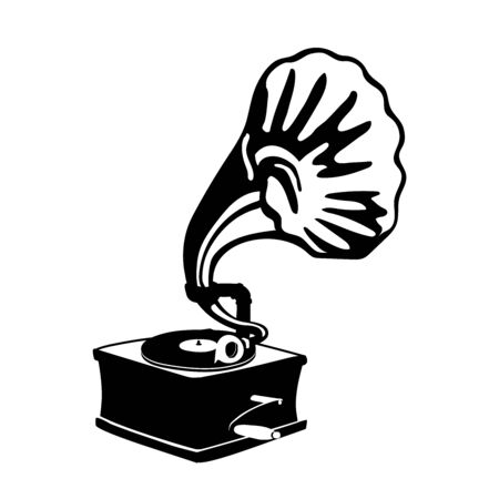 silhouette of a retro music machine gramophone with vinyl record & a copper horn, old technology, antique object, vector illustration isolated on white background in a hand drawn styleのイラスト素材