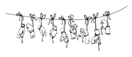 severed heads of poisonous snakes on the ropes, ingredient for antidote, potion & black magic ritual, vector illustration with contour lines isolated on a white background in hand drawn & doodle styleのイラスト素材