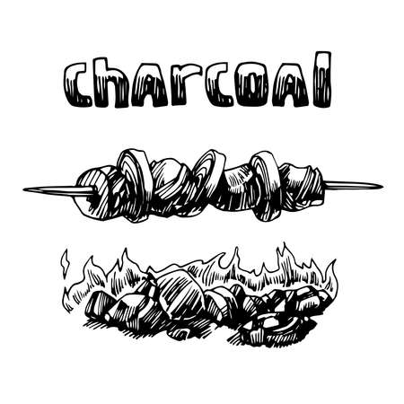 burning charcoal, firewood for barbecue with meat & onion, logo, emblem, menu decoration, vector illustration with black ink contour lines isolated on a white background in a doodle & hand drawn styleのイラスト素材