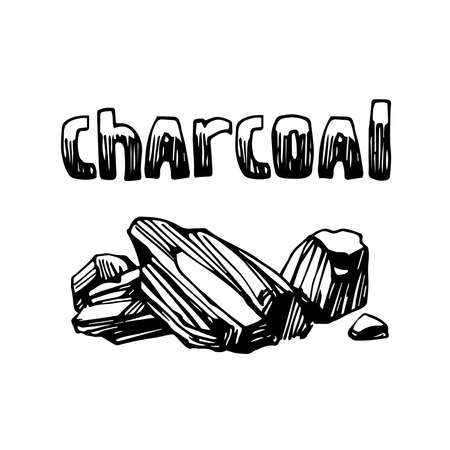 coal, charcoal, firewood for fireplace or barbecue, emblem, decoration, vector illustration with black ink contour lines isolated on a white background in a doodle & hand drawn styleのイラスト素材