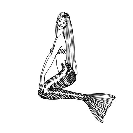 sitting young cute mermaid with fishnet tail, fantasy marine creature, for emblem, engraving, vector illustration with black ink lines isolated on a white background in a hand drawn styleのイラスト素材