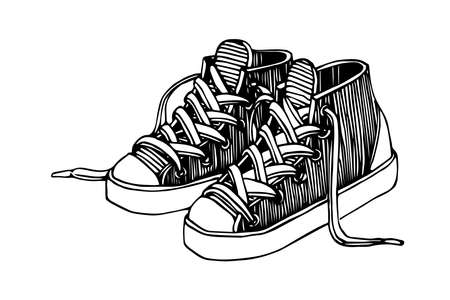 a pair of modern sneakers with laces, engraving, sketch, vector illustration with black ink contour lines isolated on a white background in a doodle & hand drawn styleのイラスト素材