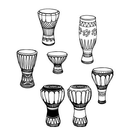 a set of percussion musical instruments, African drums, djembe, conga, darbuka, vector illustration with black ink contour lines isolated on a white background in a doodle & hand drawn styleのイラスト素材