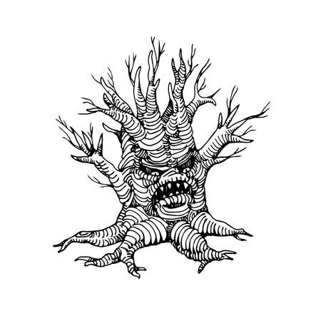 scary dry dead tree, the mystical character of Halloween holiday, monster with human face, vector illustration with black contour lines isolated on a white background in a doodle & hand drawn styleのイラスト素材