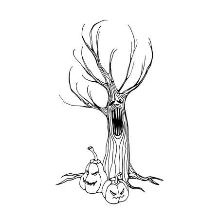 scary dry dead tree, the mystical character of Halloween holiday, monster with human face, vector illustration with black contour lines isolated on a white background in a doodle & hand drawn styleのイラスト素材