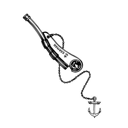 old copper marine whistle with anchor on a chain, for sailors & boatswain, vector illustration with black ink lines isolated on a white background in a doodle & hand drawn styleのイラスト素材