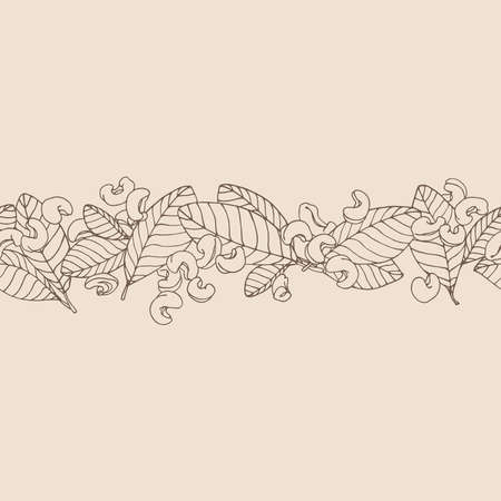 horizontal seamless pattern of peeled cashew nuts & leaves, for ornaments, menu decorations, color vector illustration with sepia contour lines on a milky background in a hand drawn styleのイラスト素材
