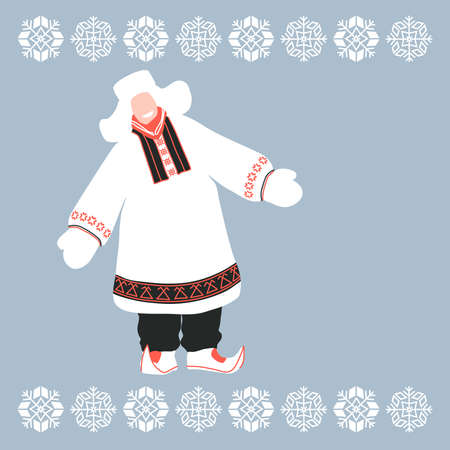 silhouette of a smiling man in national Scandinavian fur clothing & traditional snowflake pattern,...