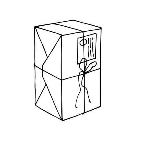 simple parcel with postal blank & rope, vector illustration with black ink contour lines isolated on a white background in a doodle & hand drawn styleのイラスト素材