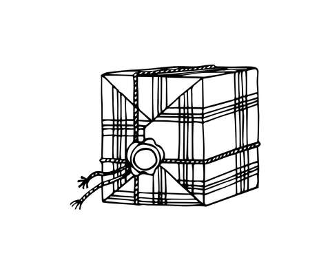 simple parcel in decorative packaging with sealing wax, holiday wrapping paper, vector illustration with black lines isolated on a white background in a doodle & hand drawn styleのイラスト素材