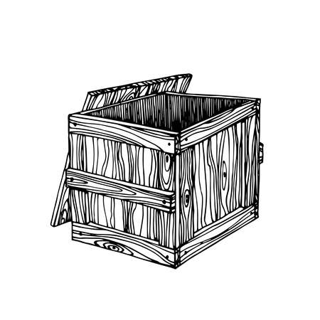 packaging box made of wooden boards, tare, protection during transportation of fragile goods, vector illustration with black ink lines isolated on a white background in a doodle & hand drawn styleのイラスト素材
