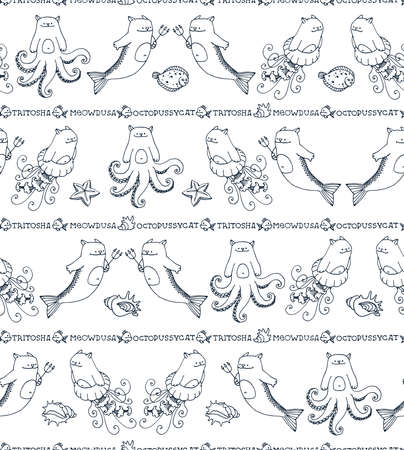 seamless pattern of cute cats, octopus, jellyfish, triton, seashell, funny sea monsters, vector illustration with blue ink contour lines isolated on a white background in a doodle & hand drawn styleのイラスト素材