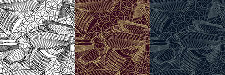 Seamless pattern. Fish fillets of cod, salmon, flounder. Delicious seafood. Restaurant menu...