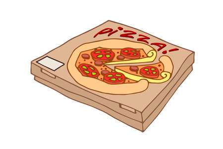 packaged pizza with tomato in a cardboard box, icon for fast food delivery, color vector illustration isolated on a white background in a doodle & hand drawn styleのイラスト素材