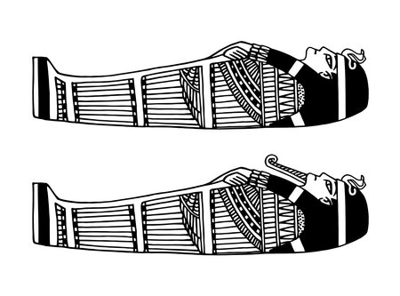 ancient Egyptian sarcophagus for the pharaoh decorated with a traditional pattern, vector illustration with black contour lines isolated on white background in a doodle and hand drawn styleのイラスト素材