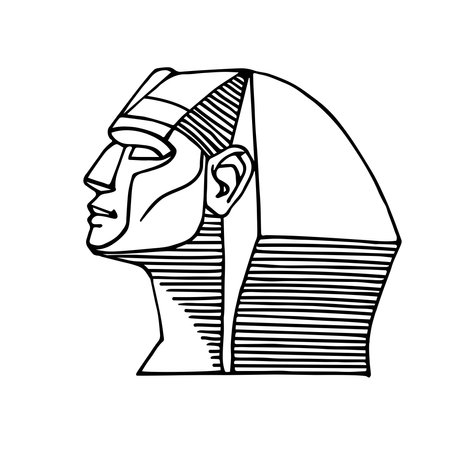 head of the ancient great sphinx of Giza, for tourist logo or emblem and cards, vector illustration with black ink contour lines isolated on white background in cartoon and hand drawn styleのイラスト素材