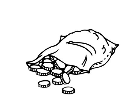 canvas bag with metal coins, money, symbol of wealth, numismatic hobby, vector illustration with black ink contour lines isolated on a white background in a doodle and hand drawn styleのイラスト素材