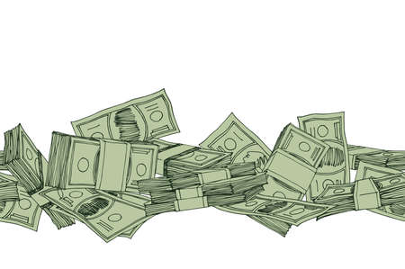 horizontal seamless money pattern, paper banknotes, pile of bucks, financial capital, color vector illustration with green contour lines isolated on white background in doodle and hand drawn styleのイラスト素材