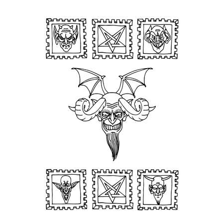 satan head, devil with bat wings & horns, religious symbol of evil, pentagram ornament, vector illustration with black ink contour lines isolated on a white background in cartoon & hand drawn styleのイラスト素材