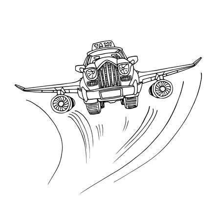 flying city taxi with airplane wings, future technology, fast transportation, vector illustration with black ink contour lines isolated on a white background in a cartoon and hand drawn styleのイラスト素材