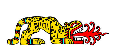 leopard with red flames, aztec sacred animal, indian traditional pattern, color vector illustration with black contour lines isolated on a white background in a hand drawn and cartoon styleのイラスト素材