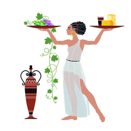 a pretty woman in an ancient Greek tunic carries wine with cheese and grapes, beautiful waitress, food delivery service, vector illustration isolated on a white background in a cartoon and flat designのイラスト素材