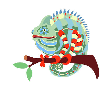 funny phlegmatic chameleon on a branch with leaves, exotic reptile, cute pet, color vector illustration isolated on a white background in cartoon and flat designのイラスト素材