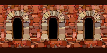 horizontal seamless pattern, ancient stone wall with windows, part of a prison or fortress made of brick, frame or border, color vector illustration on a dark background in a cartoon and flat designのイラスト素材