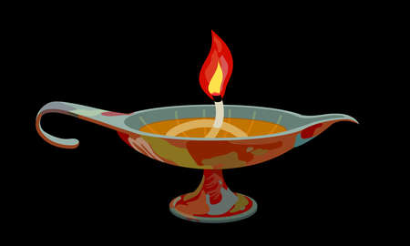 decorative ancient oil lamp with a wick and a red flame, interior element, color vector illustration on a black background in a cartoon style and flat designのイラスト素材