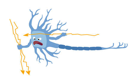 an aggressive neuron with lightning bolts, a brain cell under stress, the concept of a nervous breakdown, color vector illustration isolated on a white background in a cartoon style and a flat designのイラスト素材
