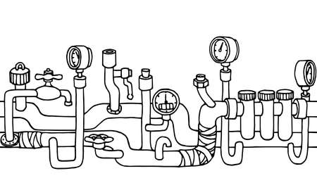 horizontal seamless pattern, water supply system in a house with pipes, valves, frame or border, vector illustration with black lines isolated on a white background in a cartoon and hand drawn styleのイラスト素材