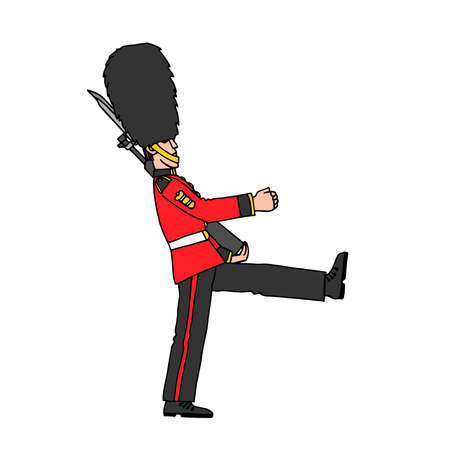 a marching royal guardsman in a fur hat, a British soldier, a symbol of London, a color vector illustration with black contour lines isolated on a white background in a cartoon and hand drawn styleのイラスト素材