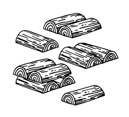 chopped firewood stacked in a woodpile for a rustic stove, pattern elements, vector illustration with black ink contour lines isolated on a white background in doodle and hand drawn styleのイラスト素材