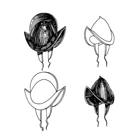 the helmet of the conquistadors, the armor of the Spanish knights of the era of the conquest of America, vector illustration with black ink lines isolated on a white background in a hand drawn styleのイラスト素材
