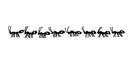 A marching formation of domestic ants. Insect pests. For a frame or border. Vector illustration with contour lines in black ink isolated on a white background in the style of doodle and hand drawn.のイラスト素材