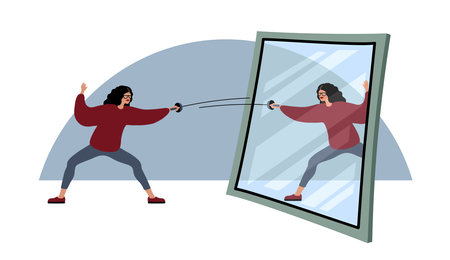A young woman is fencing with her reflection in the mirror. A duel with yourself. Fighting bad habits. Color vector illustration isolated on a white background in a cartoon and flat design.のイラスト素材