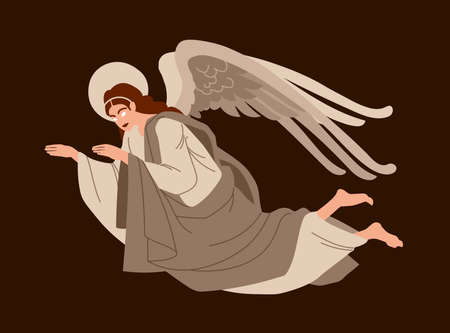 A flying winged angel from Orthodox icons, a heavenly messenger, for Christmas and Easter cards, posters. Color vector illustration on a dark background in a cartoon and flat design.のイラスト素材