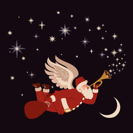 A magical Santa Claus with a trumpet and a bag, flying at night on wings. Color vector illustration on a dark background in a cartoon and flat design.のイラスト素材