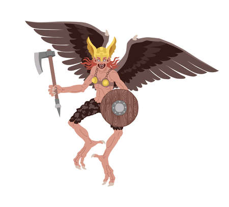 A valkyrie in a golden helmet flies on wings. A female warrior. A Scandinavian mythical character. Color vector illustration isolated on a white background in a cartoon and flat design.のイラスト素材