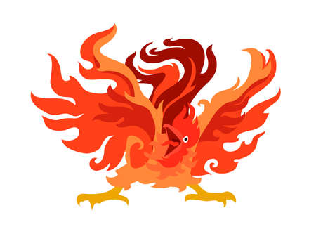 Angry red rooster, a fiery demon, a symbol of disaster. Color vector illustration isolated on a white background in a cartoon and flat design.のイラスト素材