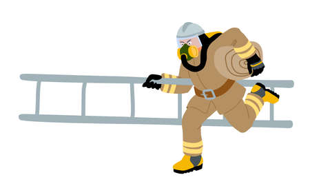 A running firefighter with a side ladder and a hose. fire service training. Color vector illustration isolated on a white background in a cartoon and flat design.のイラスト素材